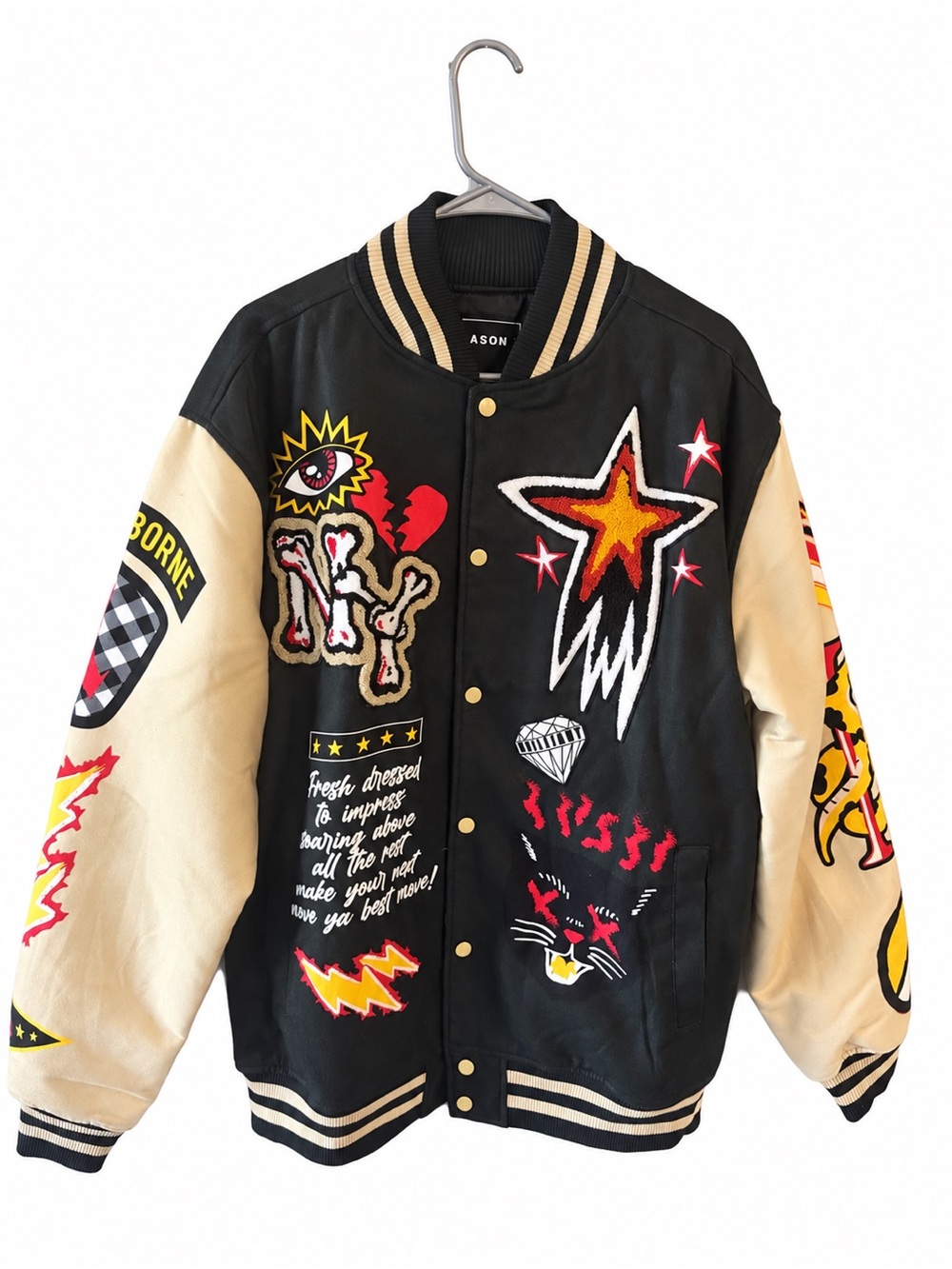 Fashion Nova ( Reason) Mens Black & Cream Patchwork Varsity Jacket XL